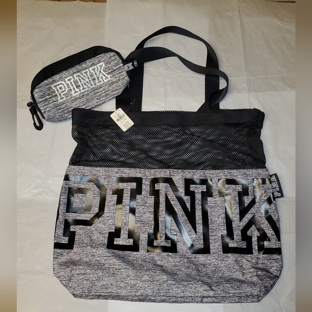 Victoria's Secret PINK Grey Tote Bag with a Matching Grey PINK Makeup Bag